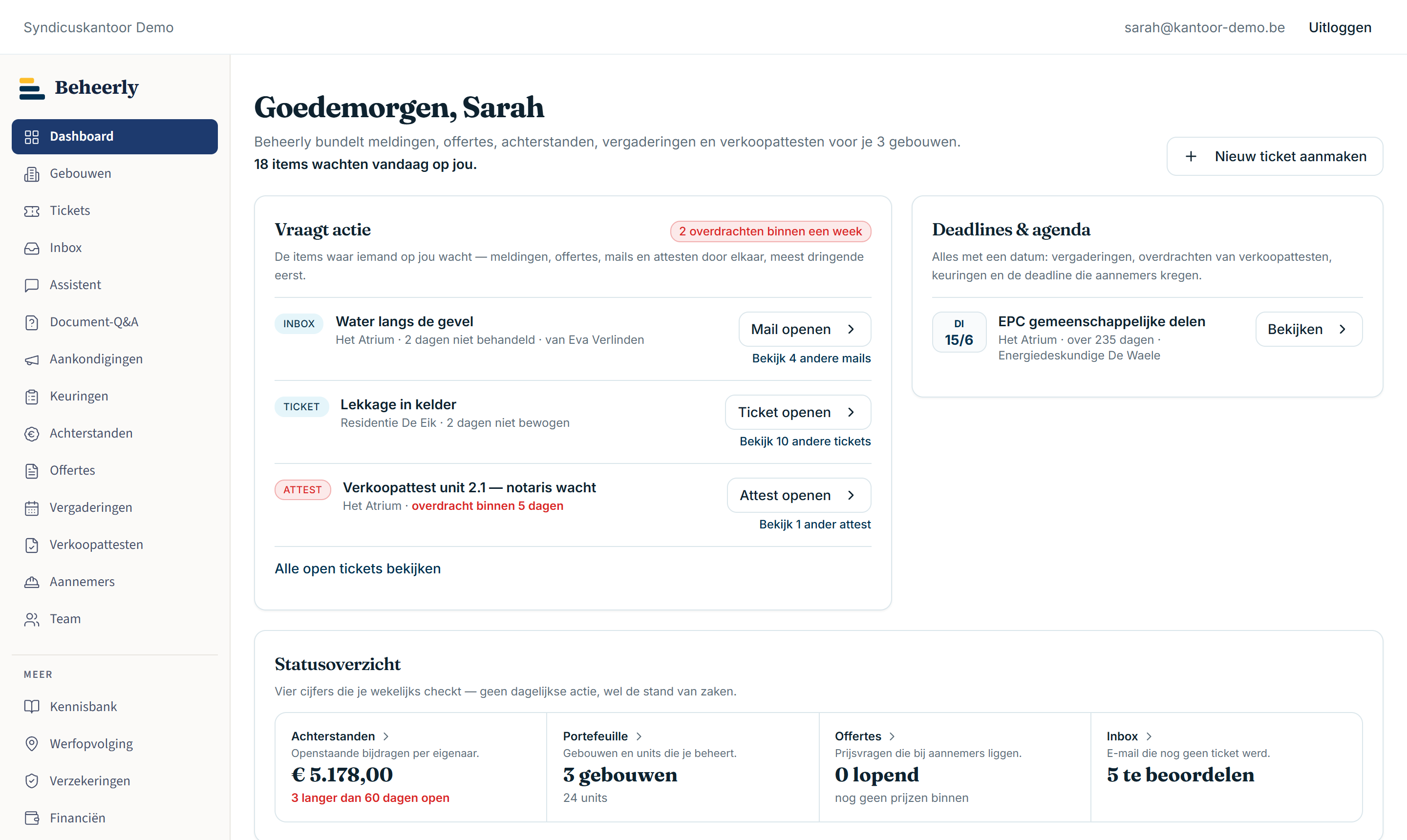 Het dashboard van Beheerly met wat vandaag actie vraagt, deadlines en een statusoverzicht