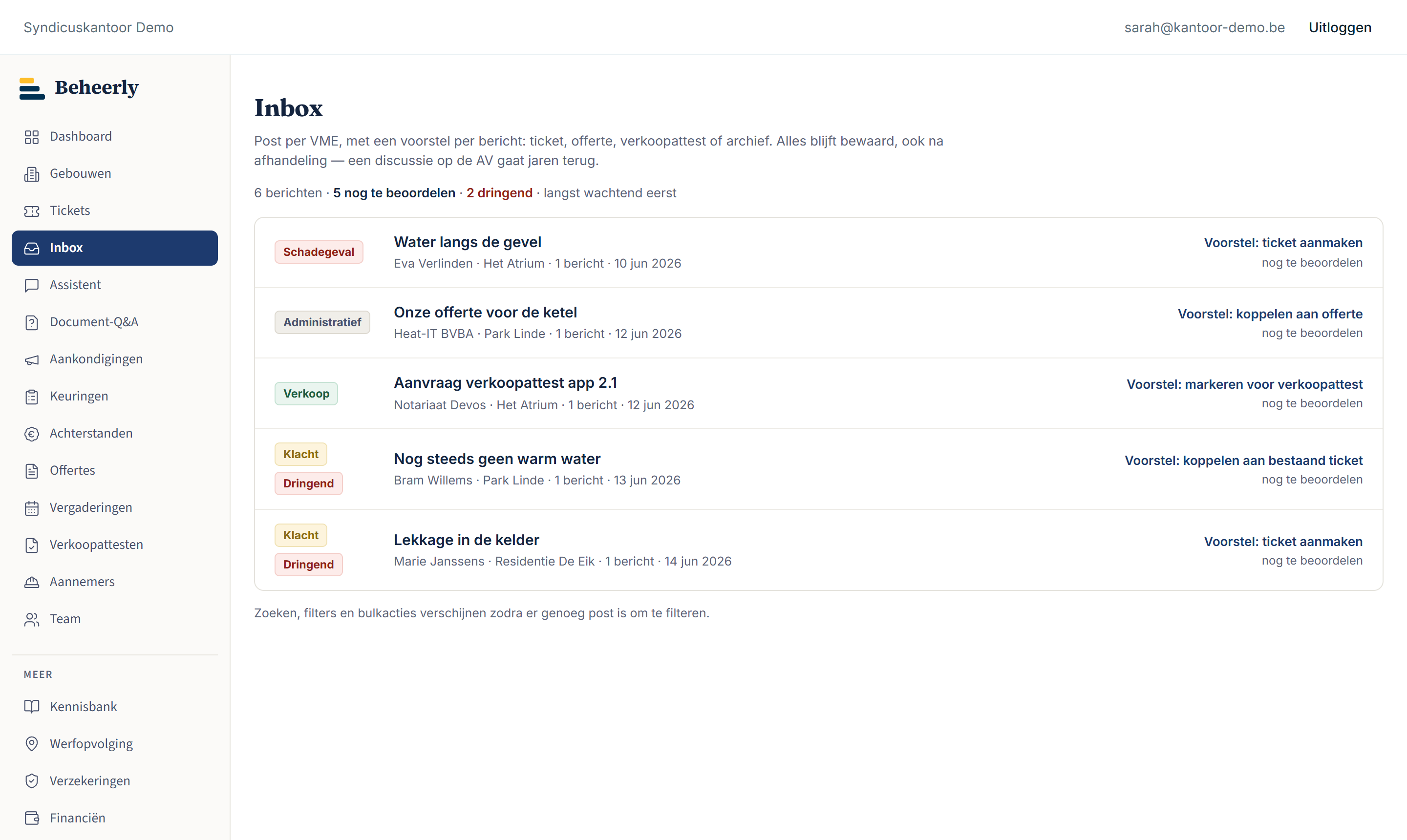 Het scherm Inbox in Beheerly